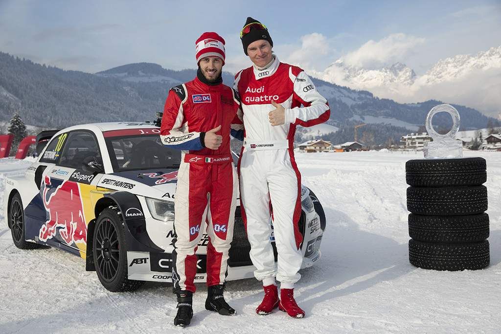 KITZBUEHEL, AUSTRIA - JANUARY 20: Andrea Dovizioso and Henrik Kristoffersen pose for a picture prior to final day of the Audi Quattro #SuperQ on January 20, 2016 in Kitzbuehel, Austria. (Photo by Lars Baron/Getty Images for Audi) *** Local Caption *** Andrea Dovizioso; Henrik Kristoffersen