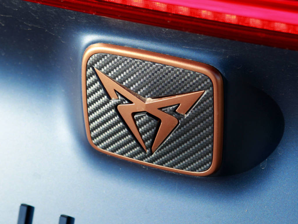 Detalle del logo con acabado en fibra de carbono.