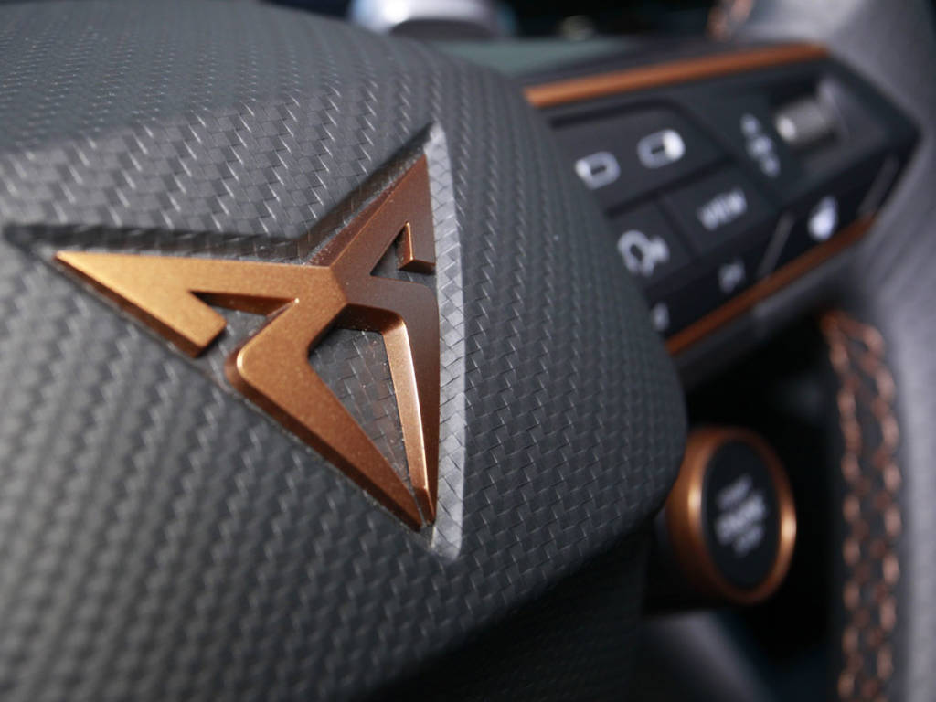 Detalle del logo en el volante multifunción.